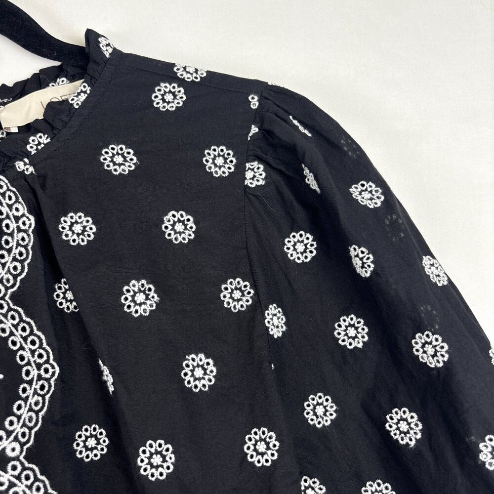 LOFT Black Embroidered Puff Sleeve Top Women's Size Large Boho Cottagecore - Picture 7 of 15